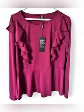 ANORAK NWT Women’s Ruffle-Front Long Sleeve Top — Berry Plum